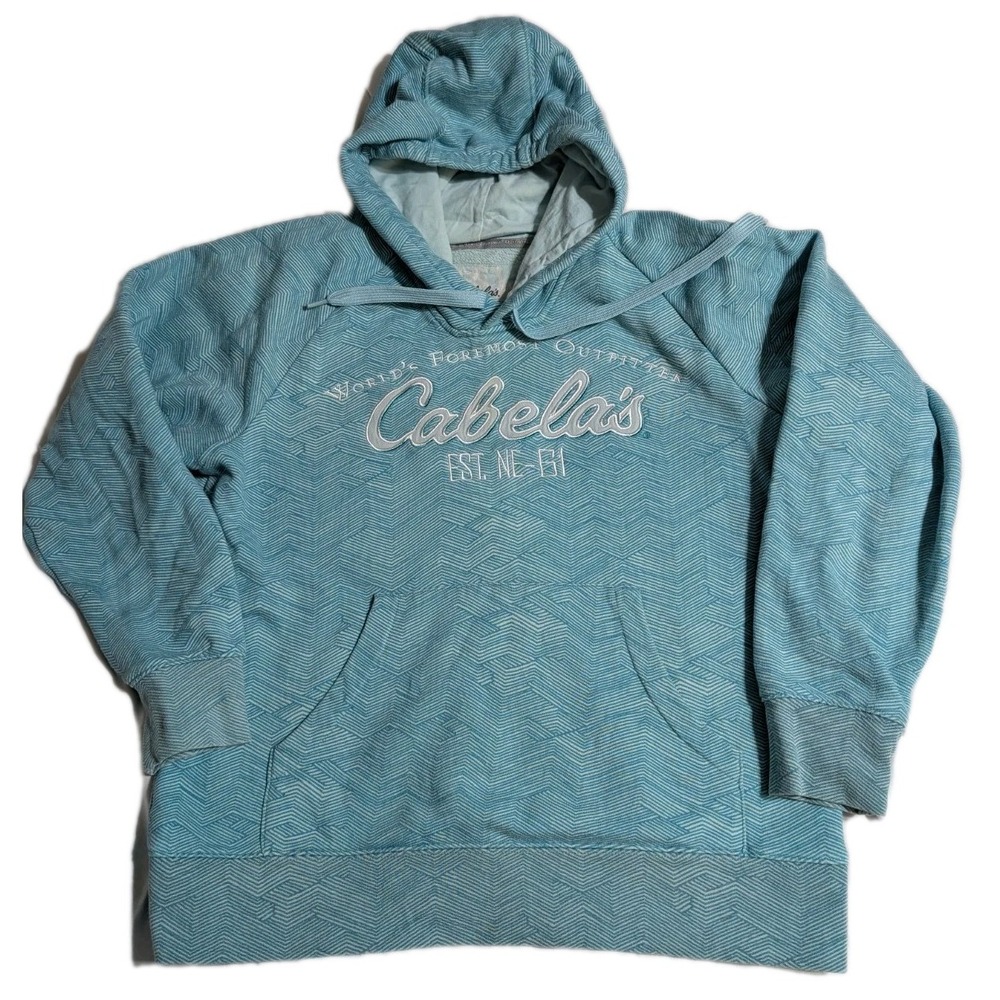 Cabela's Women's L Hoodie Blue Zigzag Pattern Pullover Kangaroo Pocket 60/40